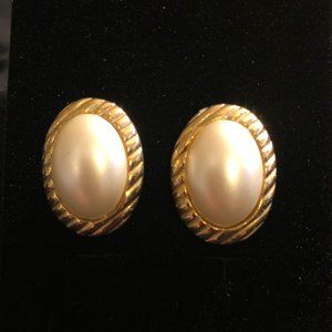 Classic Gold Tone Faux Mabe Pearl Earrings